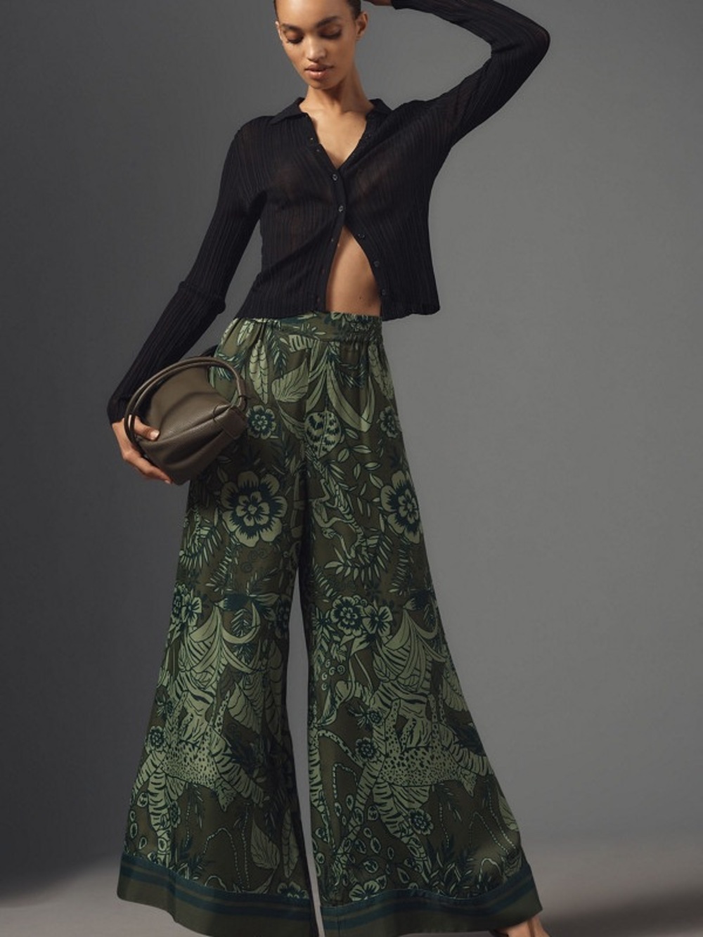 FARM Rio Olive Green Floral Wide-Leg Palazzo Pants